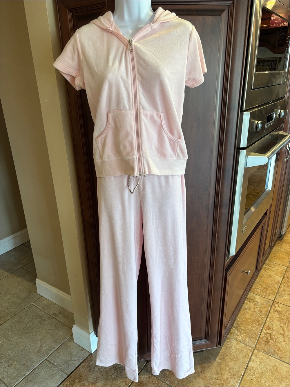 Wide Leg Lounge Pants & Short Sleeve Zip Hoodie Set - Light Pink
